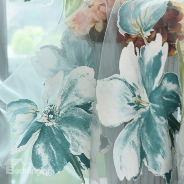 Refreshing Blue Color Flower Print Sheer Curtain