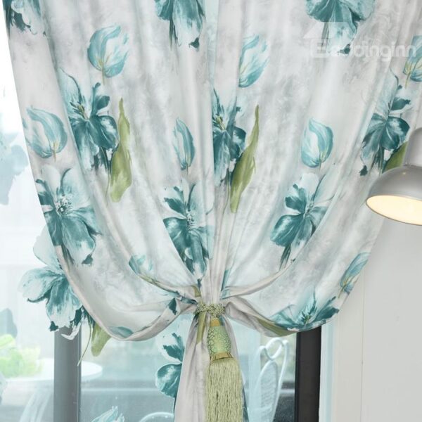 Refreshing Blue Color Flower Print Light Blocking Curtain