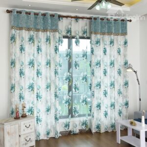 Refreshing Blue Color Flower Print Curtain & Sheer Set