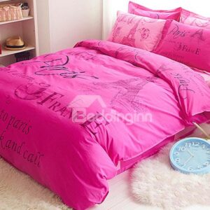 Pink and Romantic Paris Theme Cotton Kids Duvet Cover Set