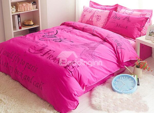 Pink and Romantic Paris Theme Cotton Kids Duvet Cover Set
