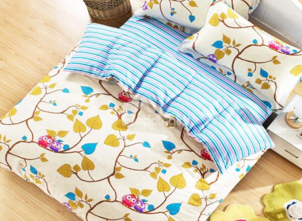 Stylish Owls and Leaves Pattern Kids 100% Cotton Duvet Cover Sets