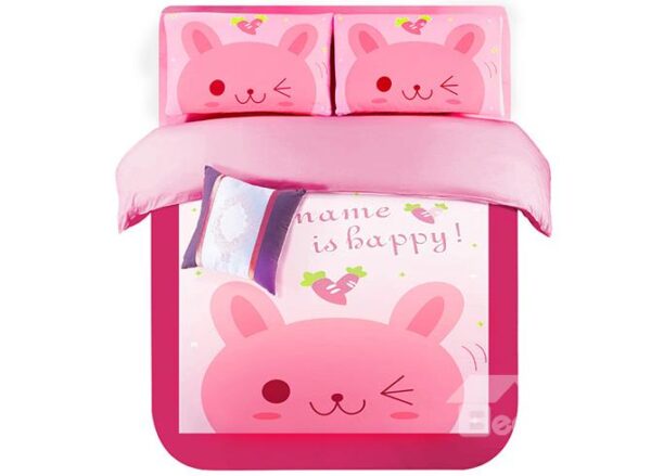 Super Lovely Pink Rabbits Kids 4-Piece Duvet Cover Set