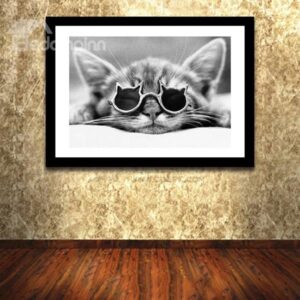 Creative Black and White Hippy Cat in Sunglasses 1-Panel Framed Wall Art Print