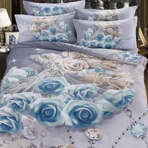 Luxury Diamond Blue Rose Printing 5-Piece Cotton Comforter Sets