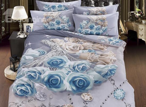 Luxury Diamond Blue Rose Printing 5-Piece Cotton Comforter Sets
