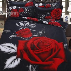 Mysterious Blooming Rose Printing 5-Piece Cotton Black Comforter Sets