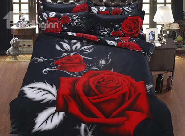 Mysterious Blooming Rose Printing 5-Piece Cotton Black Comforter Sets