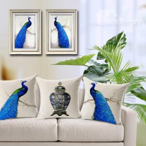 Graceful Blue Peacock Printing Flax Throw Pillow