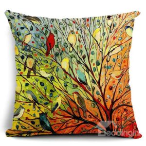 Oil Painting Hundreds of Birds Cotton Linen Throw Pillow