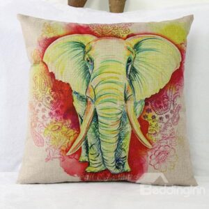 Cartoon Hand-painted Elephant Linen Throw Pillow Case