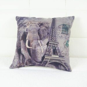 Creative Elephant & Eiffel Tower Print Linen Throw Pillow Case