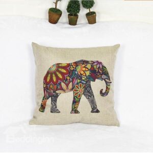 European Style Colorful Elephant Print Flax Throw Pillow Case