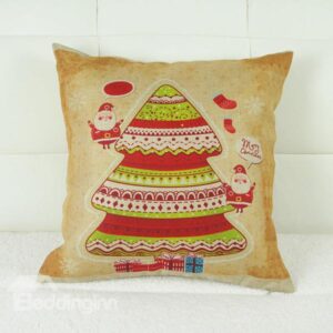 Santa Claus & Christmas Tree Linen Throw Pillow Case for Christmas