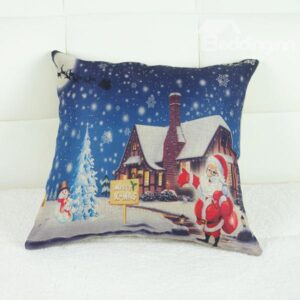 Santa Claus & Snow Flake Print Linen Throw Pillow Case for Christmas