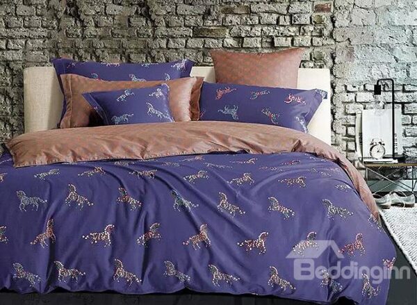 Noble Horse Print Purple 4-Piece Cotton Duvet Cover Sets