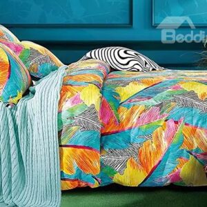 Fresh Irised Feather Print 4-Piece Cotton Duvet Cover Sets