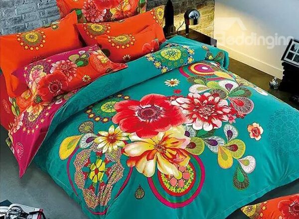 Magnificent Big Flowers Design 100% Cotton 4-Piece Duvet Cover Sets