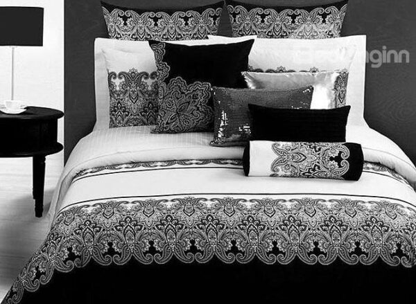 Modern Black White Classical Jacquard Design 4-Piece Cotton Duvet Cover Sets