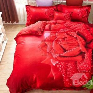 Dewy Red Rose 4-Piece Cotton Duvet Cover Sets