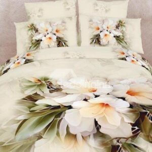 Elegant White Flowers Print Cotton Fitted Sheet