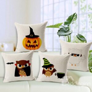 Hallowmas Bat Pumpkin Owl Print Linen Throw Pillow Case