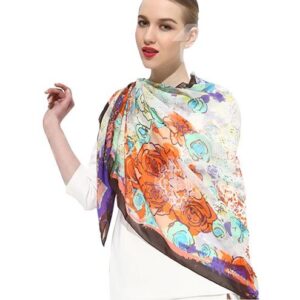 Beautiful Artistic Flowers Print Cover Up Mulberry Silk Long Scarf