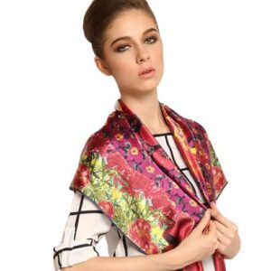 Beautiful Stylish Red Flowers and Jewels Print Mulberry Silk Square Scarf