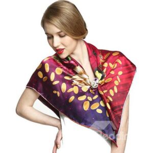 Noble Purple Flowers and Leaves Print Mulberry Silk Square Scarf