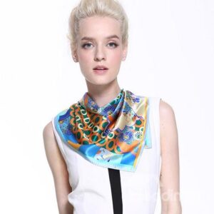 Blue Circles and Floral Patterns Mulberry Silk Square Scarf