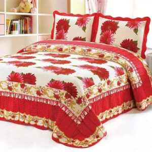American Style Big Red Flowers Full Cotton 3-Piece Bed in a Bag