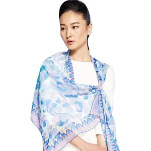 Light Blue Flower and Clouds Pattern Mulberry Silk Blue Long Scarf