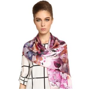 Wonderful Purple Flower With Butterfly Long Mulberry Silk Scarf