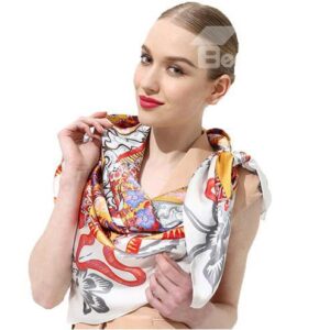 Dragon And Floral Pattern Orange Beautiful Square Silk Scarf