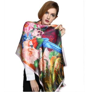 Beautiful Floral and Birds Pattern Long Mulberry Silk Scarf