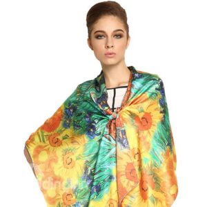 Yellow Flowers and Green Leaves Print Mulberry Silk Long Scarf
