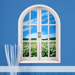 Nature Beauty Window View Flower Field under Blue Sky 3D Wall Sticker