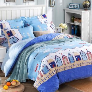 Little House Print Blue 4-Piece Duvet Cover Sets