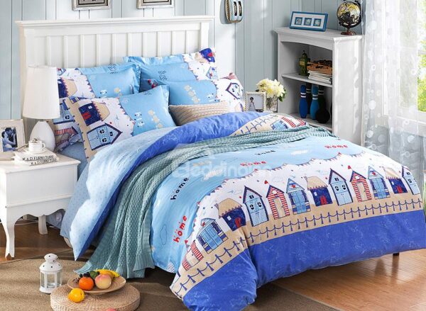 Little House Print Blue 4-Piece Duvet Cover Sets