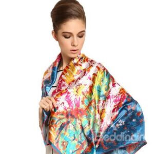 Deluxe Blue Floral Patterns Soft Mulberry Silk Square Scarf
