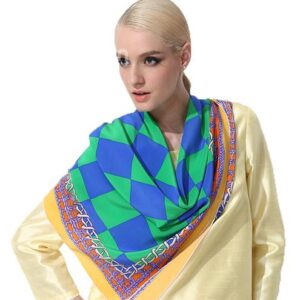 Stylish Blue and Green Checks Pattern Soft Mulberry Silk Square Scarf