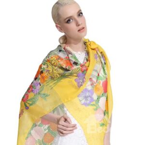 Trendy Various Yellow Flowers Print Mulberry Silk Long Scarf