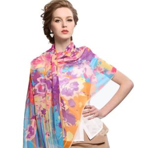 Delightful Purple Flowers Print Mulberry Silk Long Scarf