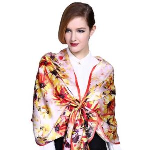 Stylish Yellow Flowers Red Trim Mulberry Silk Long Scarf