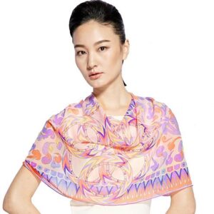 Light Purple Flower and Clouds Pattern Mulberry Silk Blue Long Scarf