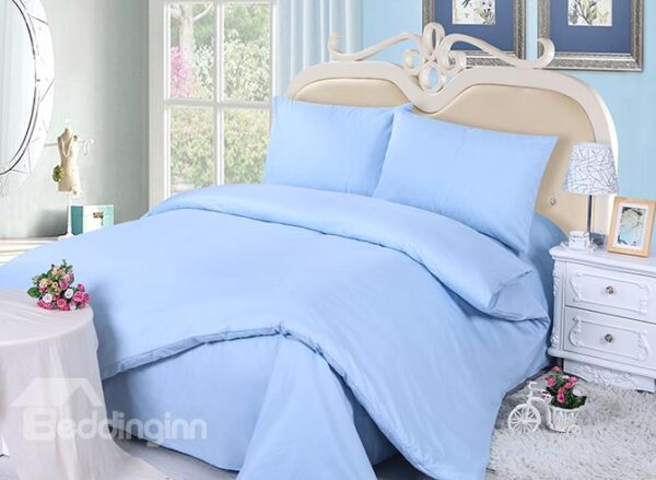 Pure Sky Blue 4-Piece Cotton Duvet Cover Sets with Zipper