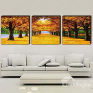 Fantastic Walk of Golden Tree Leaves 3-Panel Frameless Wall Art Prints