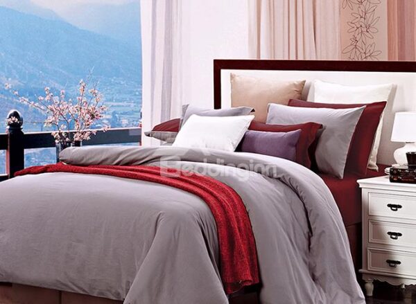 Silver Gray and Wine Red Color Joint 4-Piece Duvet Cover Sets