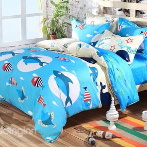 Sea World Cute Little Sharks Pattern Kids Cotton Duvet Cover Set