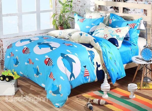 Sea World Cute Little Sharks Pattern Kids Cotton Duvet Cover Set